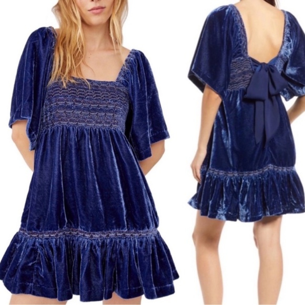 Free people, easy to love, velvet, mini dress, in shaded Lake Blue, Tie back, S